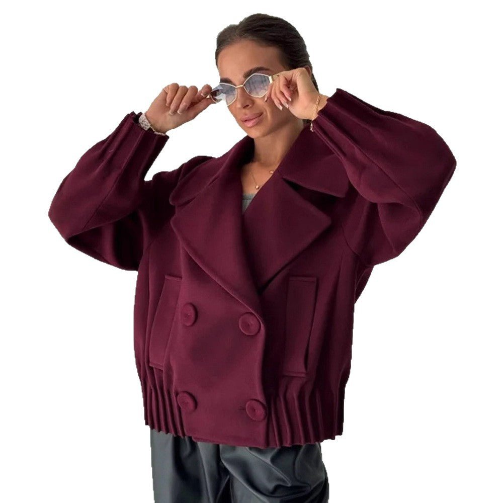 Women's Short Boxy Wool Coat with Oversized Shawl Collar, Double Button Placket and Ribbed Cuff Chichicherry - Chichicherry