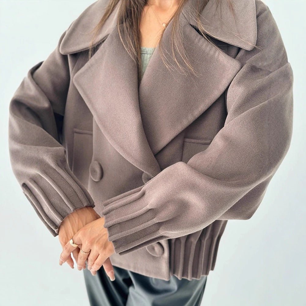 Women's Short Boxy Wool Coat with Oversized Shawl Collar, Double Button Placket and Ribbed Cuff Chichicherry - Chichicherry