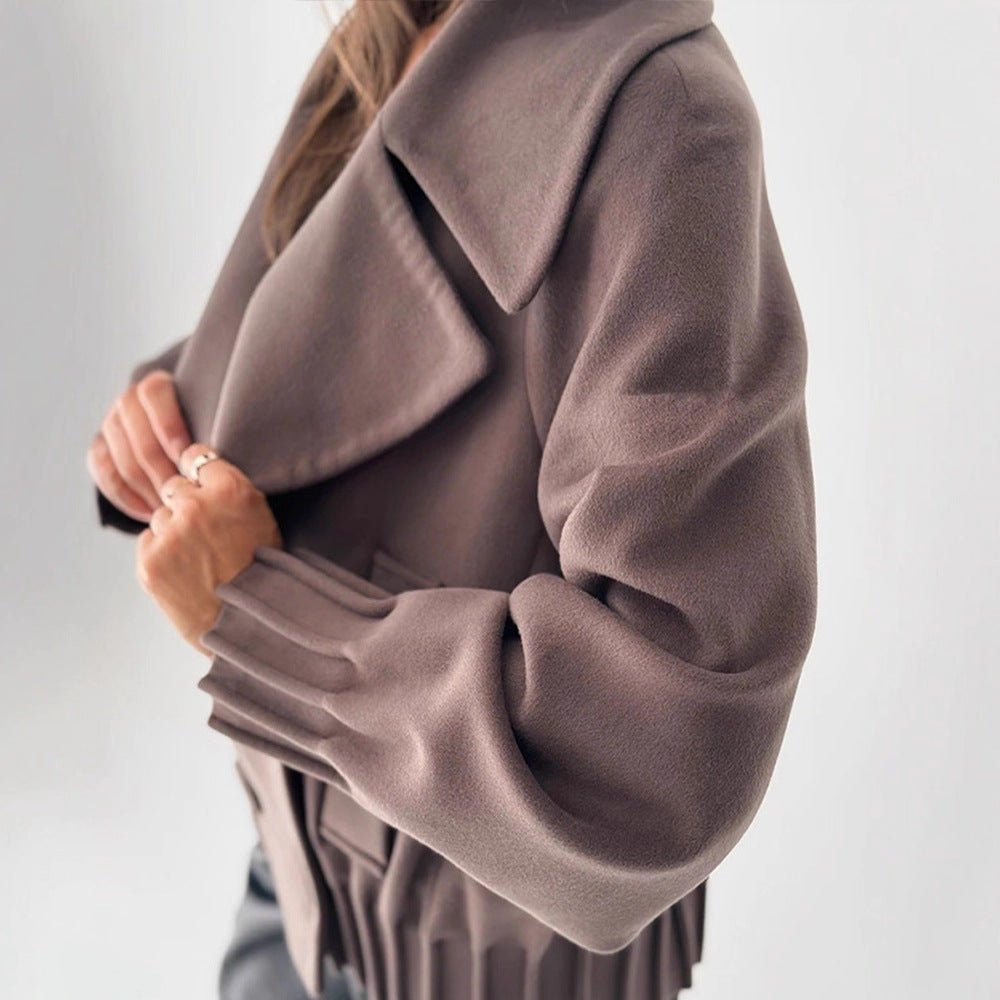 Women's Short Boxy Wool Coat with Oversized Shawl Collar, Double Button Placket and Ribbed Cuff Chichicherry - Chichicherry