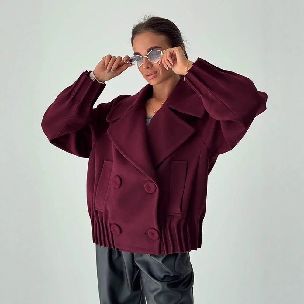 Women's Short Boxy Wool Coat with Oversized Shawl Collar, Double Button Placket and Ribbed Cuff Chichicherry - Chichicherry