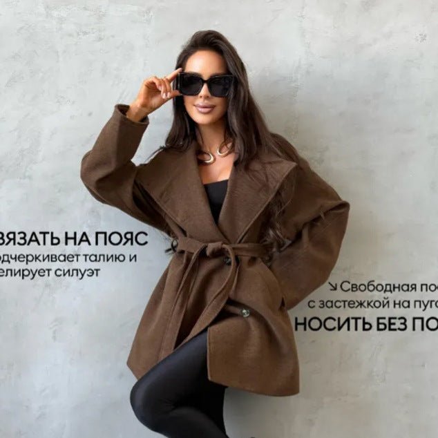 Women's short coat in cocoon cut made of wool blend with oversized shawl collar and tie belt Chichicherry - Chichicherry