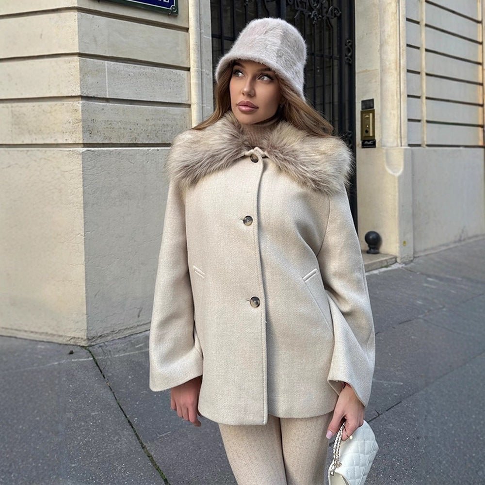 Women's short coat with faux fur shawl collar & boxy oversized silhouette Chichicherry - Chichicherry