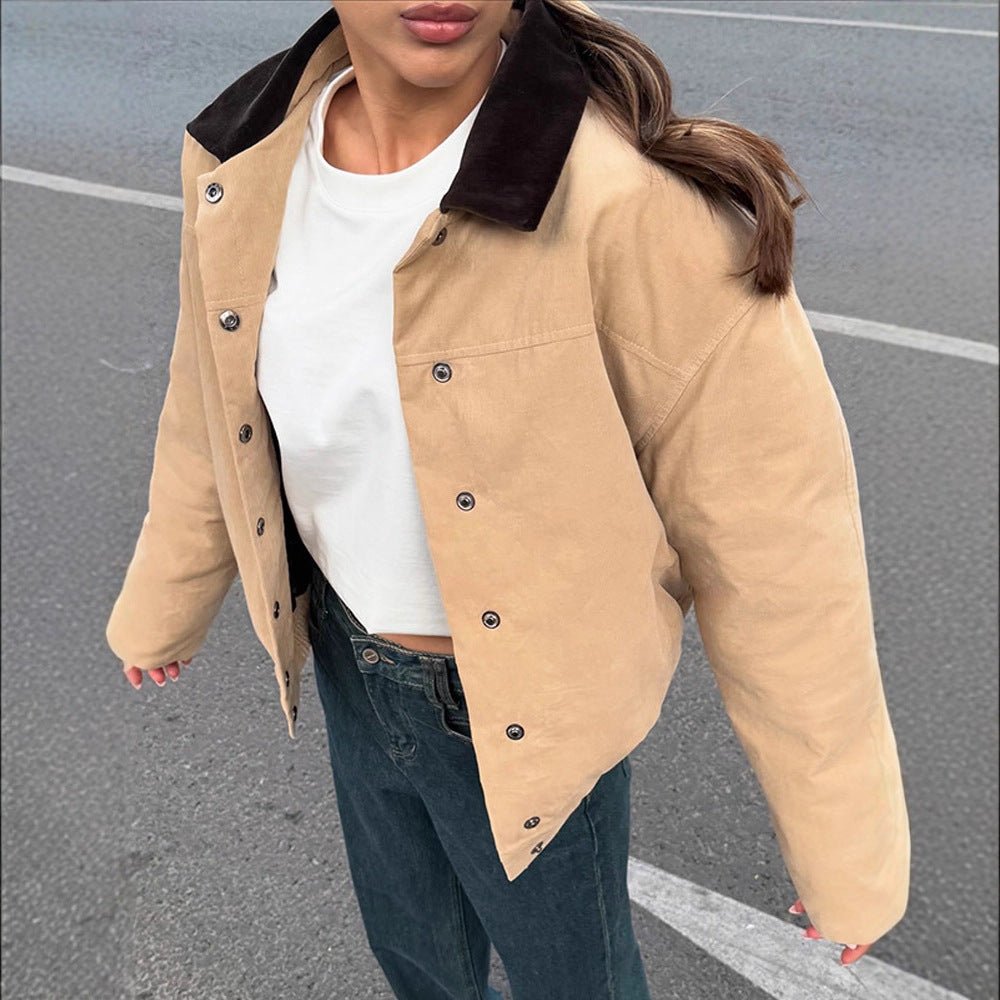 Women's Short Cord Workwear Blouson with Contrast Collar Chichicherry - Chichicherry
