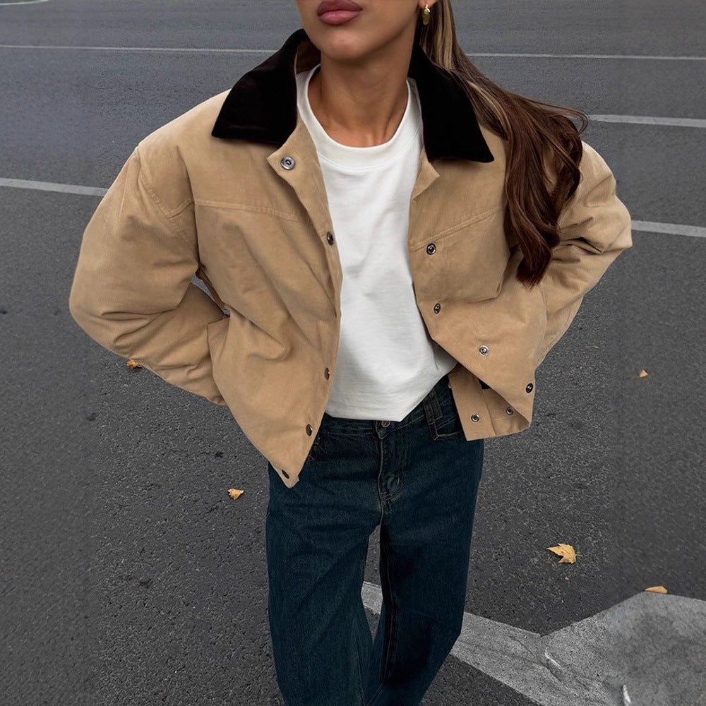 Women's Short Cord Workwear Blouson with Contrast Collar Chichicherry - Chichicherry
