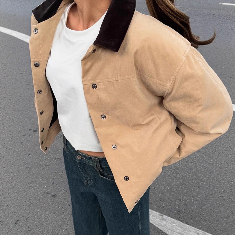 Women's Short Cord Workwear Blouson with Contrast Collar Chichicherry - Chichicherry