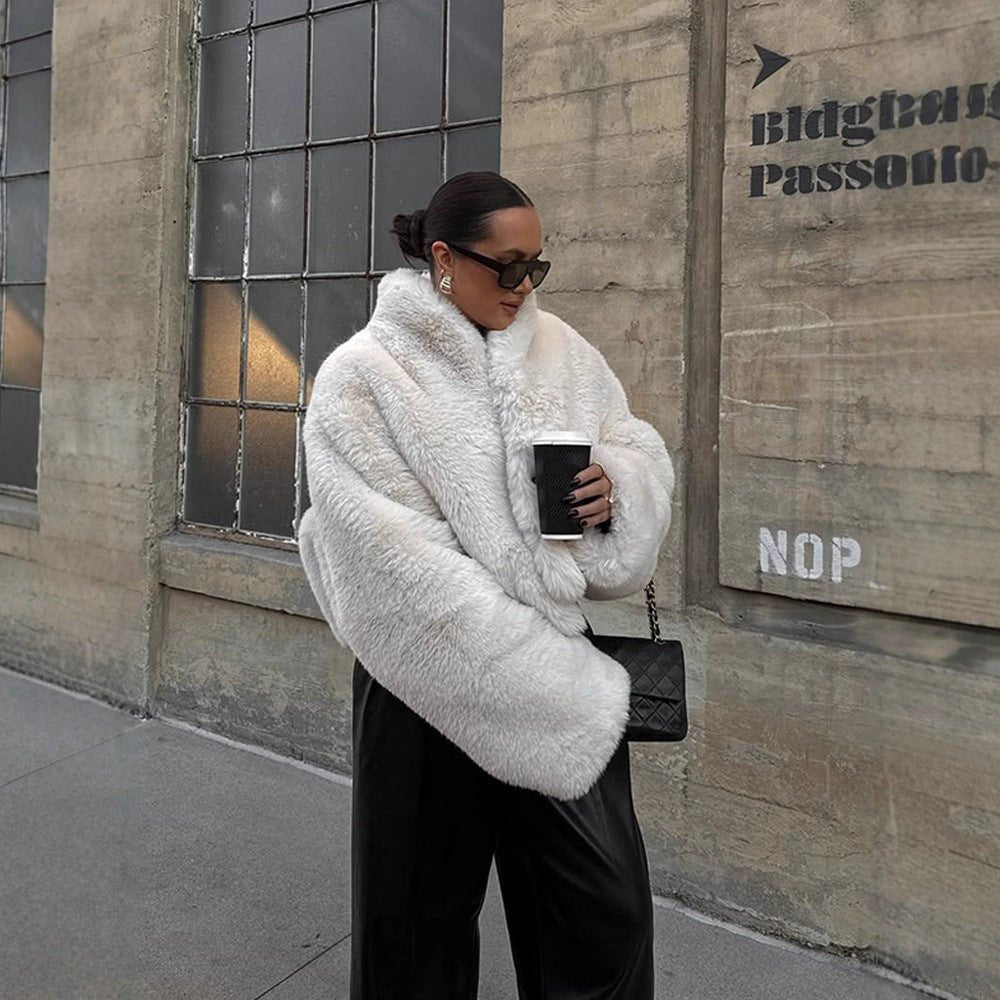 Women's Short Cozy Faux-Fur Bomber Jacket with Voluminous Shawl Collar and Boxy Silhouette Chichicherry - Chichicherry