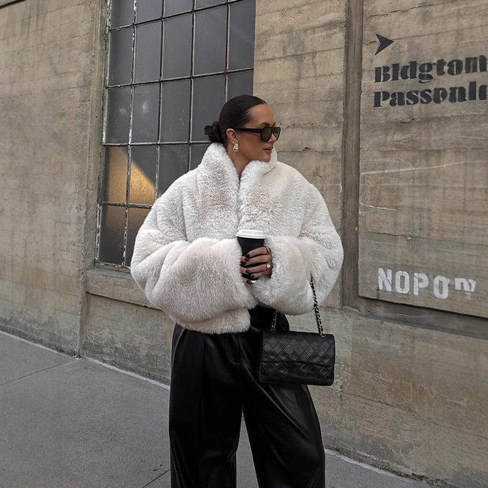 Women's Short Cozy Faux-Fur Bomber Jacket with Voluminous Shawl Collar and Boxy Silhouette Chichicherry - Chichicherry