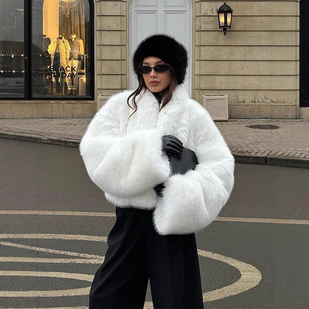 Women's Short Cozy Faux-Fur Bomber Jacket with Voluminous Shawl Collar and Boxy Silhouette Chichicherry - Chichicherry