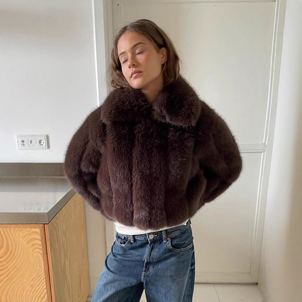 Women's Short Cropped Faux Fur Jacket with Voluminous Shawl Collar and Boxy Silhouette Chichicherry - Chichicherry