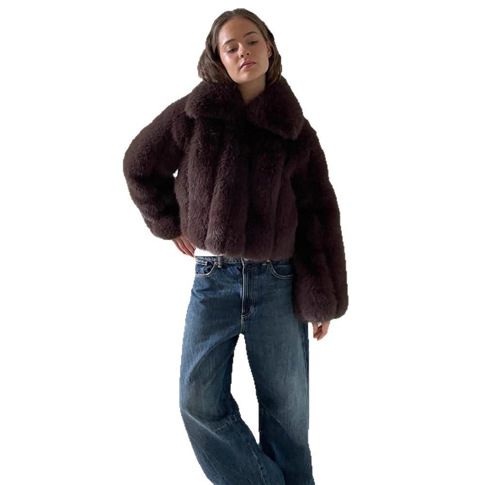 Women's Short Cropped Faux Fur Jacket with Voluminous Shawl Collar and Boxy Silhouette Chichicherry - Chichicherry