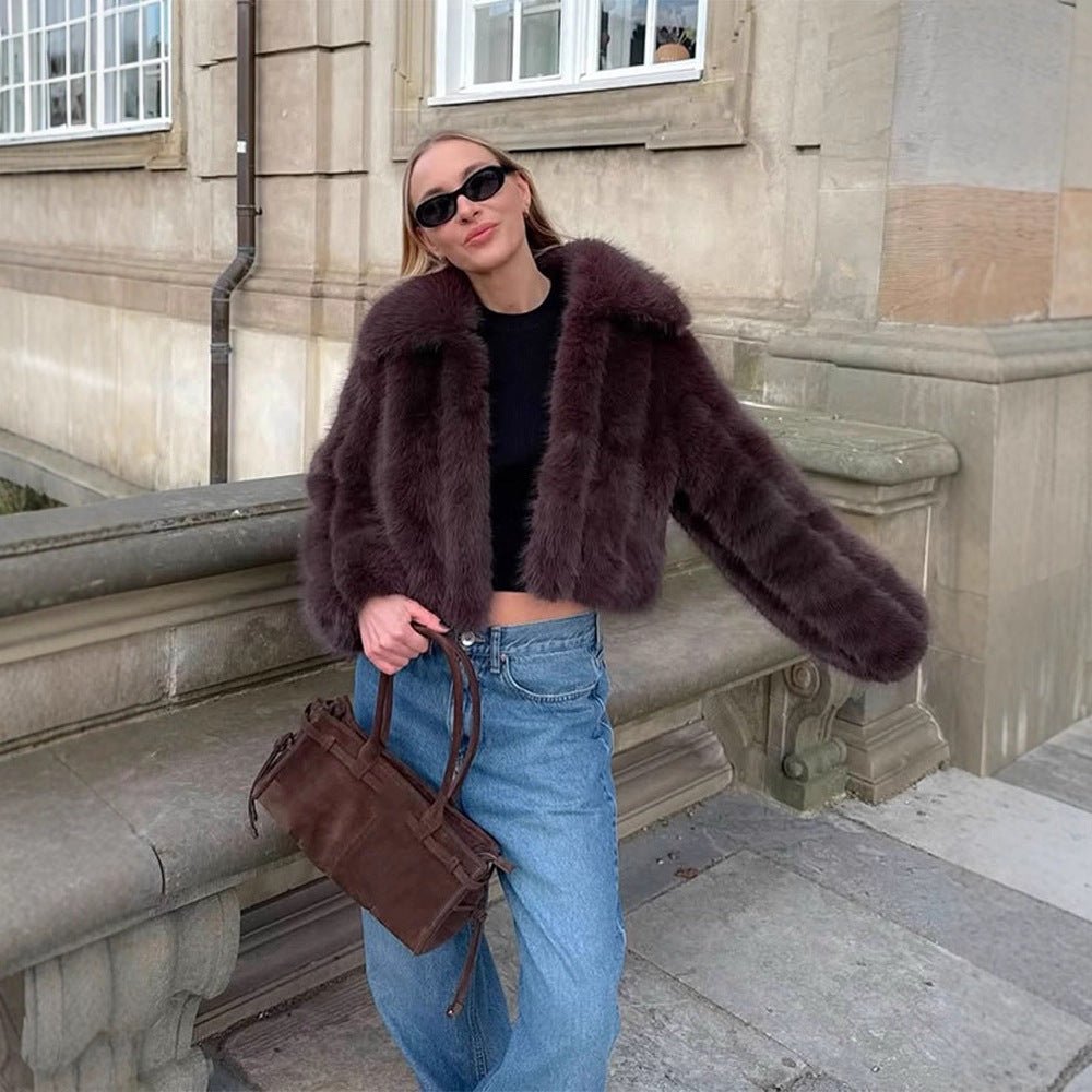 Women's Short Cropped Faux Fur Jacket with Voluminous Shawl Collar and Boxy Silhouette Chichicherry - Chichicherry
