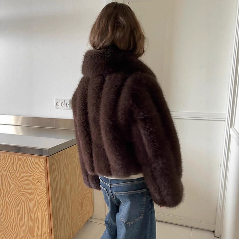 Women's Short Cropped Faux Fur Jacket with Voluminous Shawl Collar and Boxy Silhouette Chichicherry - Chichicherry