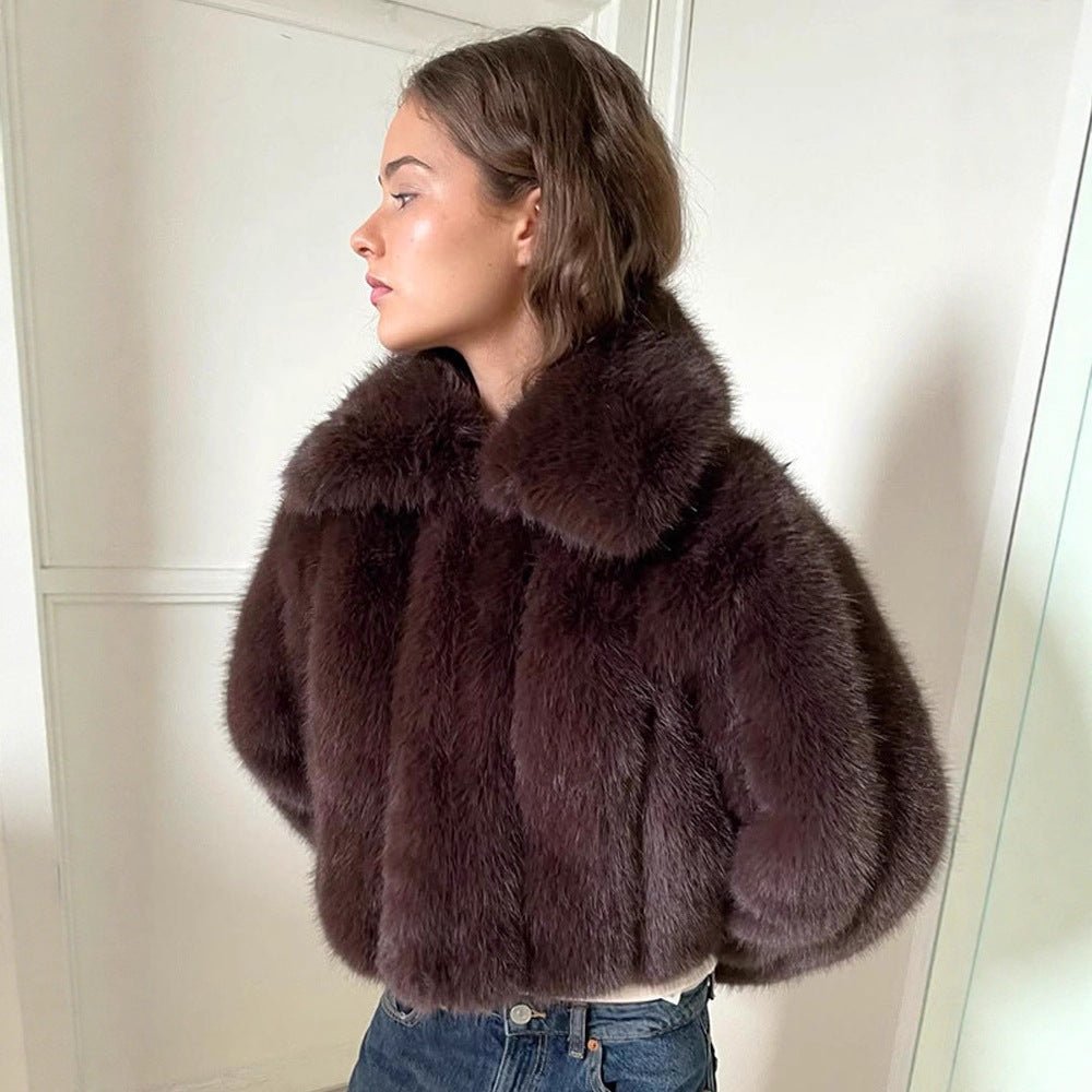 Women's Short Cropped Faux Fur Jacket with Voluminous Shawl Collar and Boxy Silhouette Chichicherry - Chichicherry