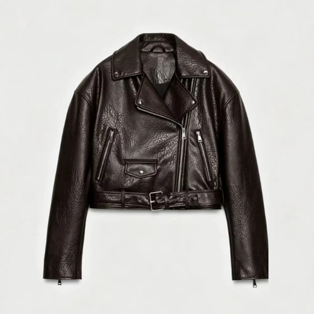 Women's short-cut biker jacket made of faux leather with a waist belt and asymmetrical zipper Chichicherry - Chichicherry