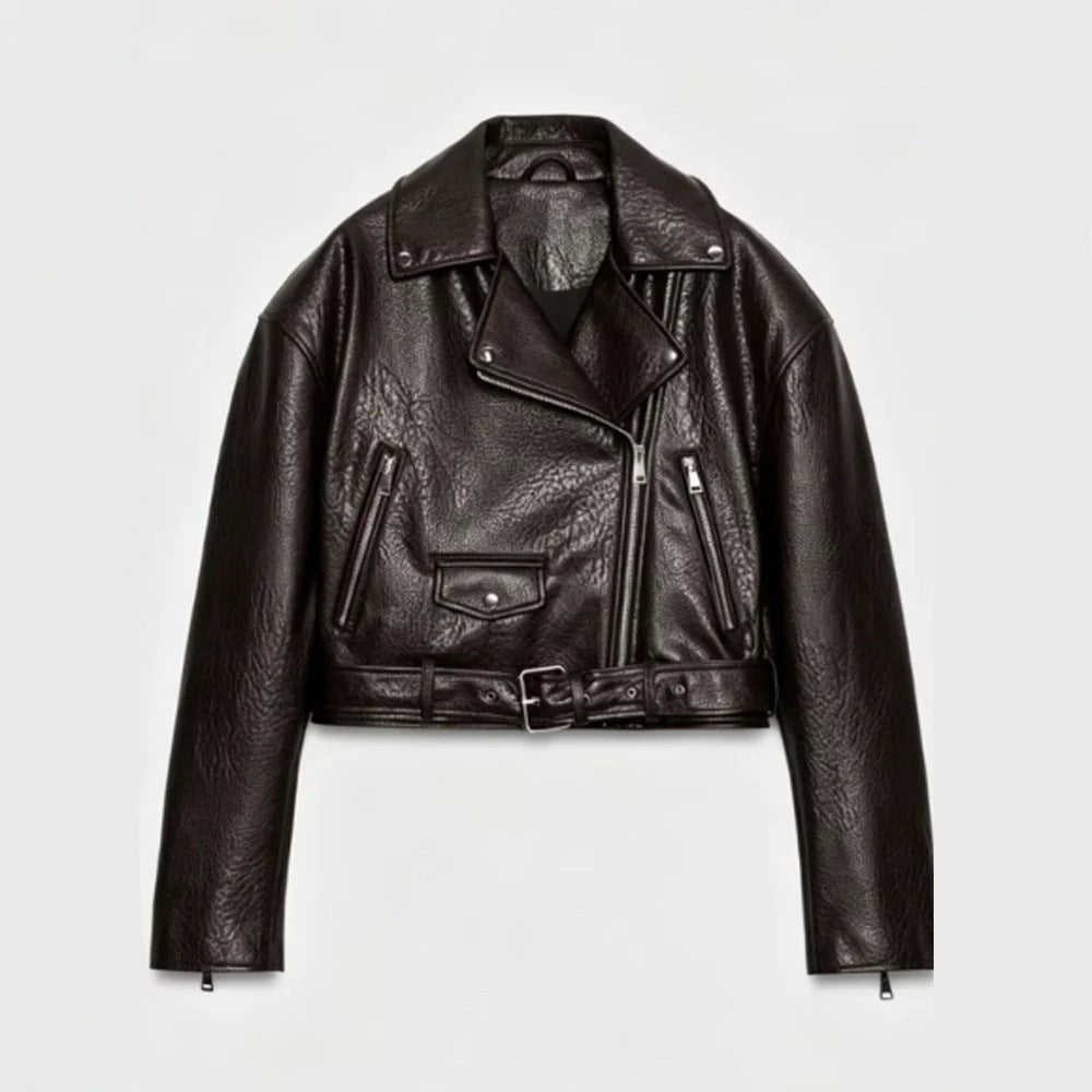 Women's short-cut biker jacket made of faux leather with a waist belt and asymmetrical zipper Chichicherry - Chichicherry