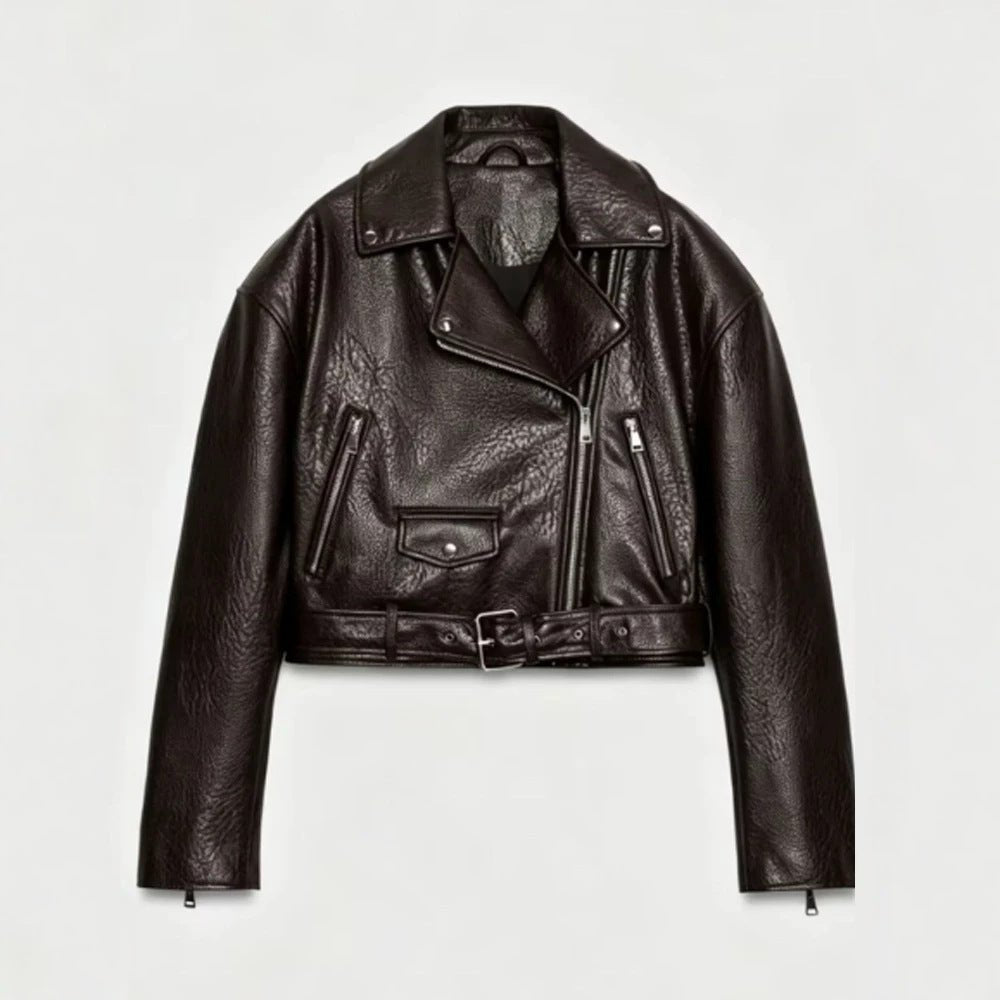 Women's short-cut biker jacket made of faux leather with a waist belt and asymmetrical zipper Chichicherry - Chichicherry