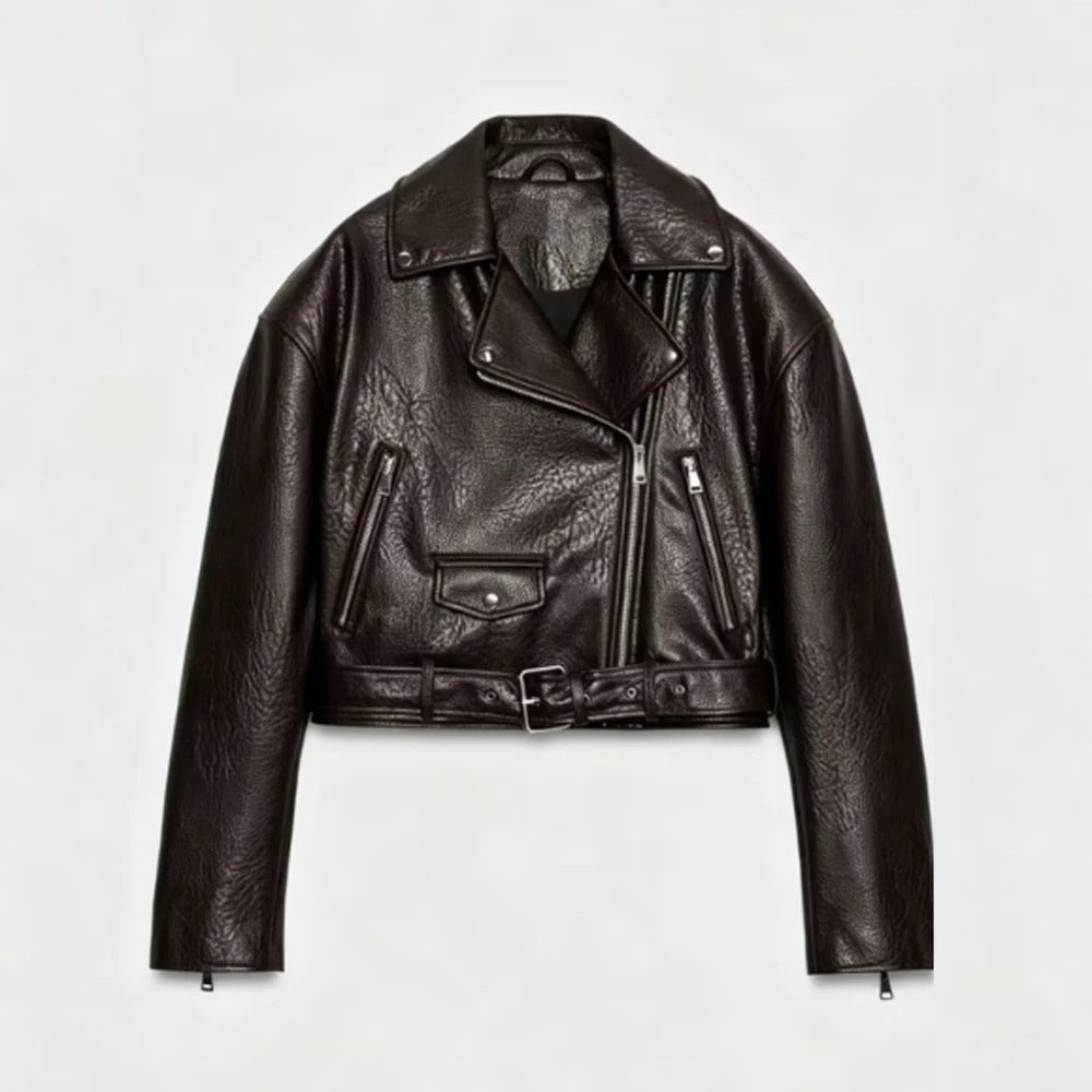 Women's short-cut biker jacket made of faux leather with a waist belt and asymmetrical zipper Chichicherry - Chichicherry