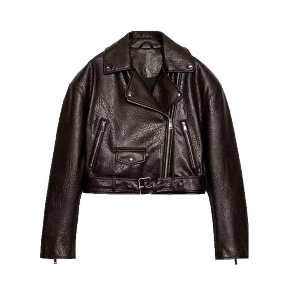 Women's short-cut biker jacket made of faux leather with a waist belt and asymmetrical zipper Chichicherry - Chichicherry