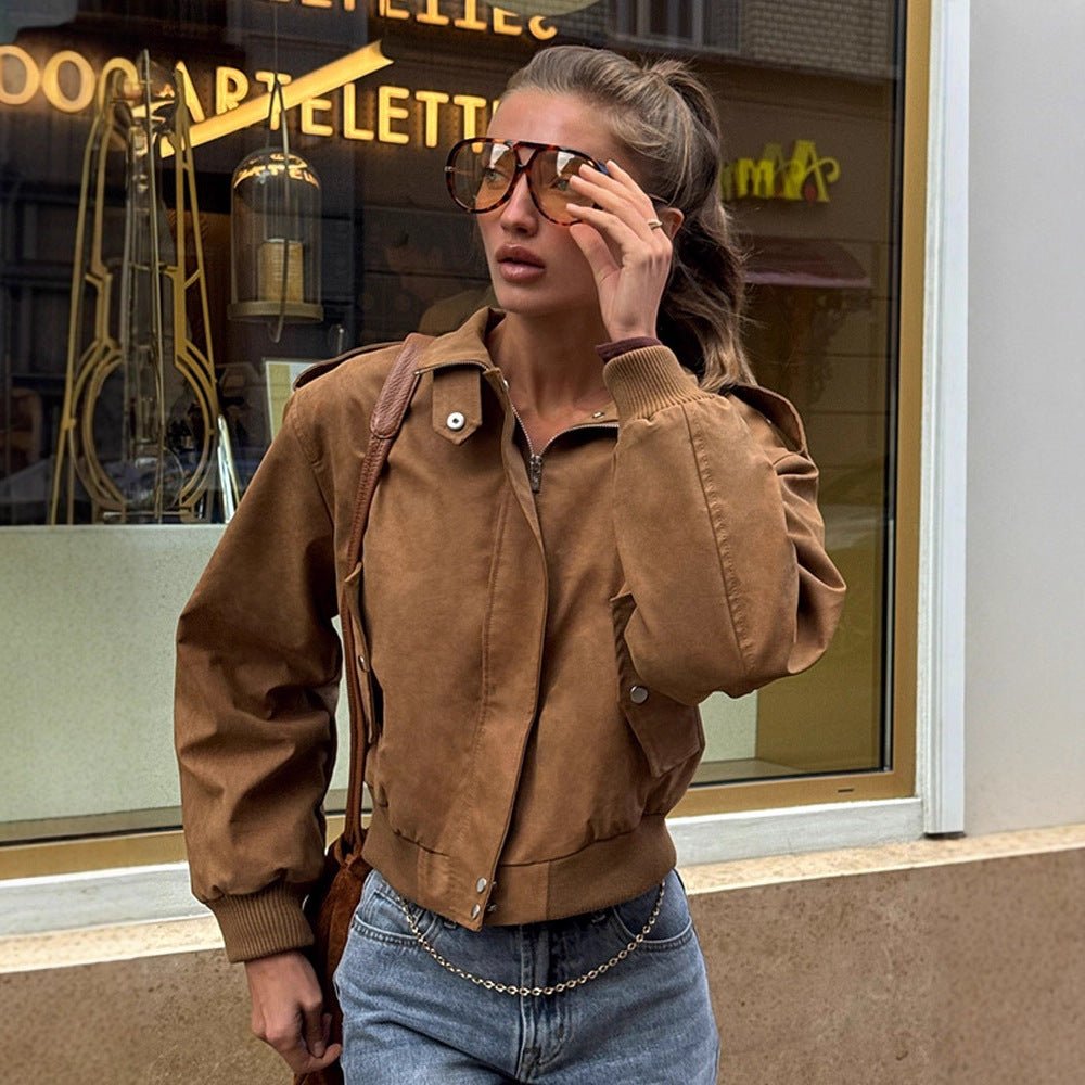 Women's short-cut bomber jacket made of faux suede with ribbed cuffs Chichicherry - Chichicherry