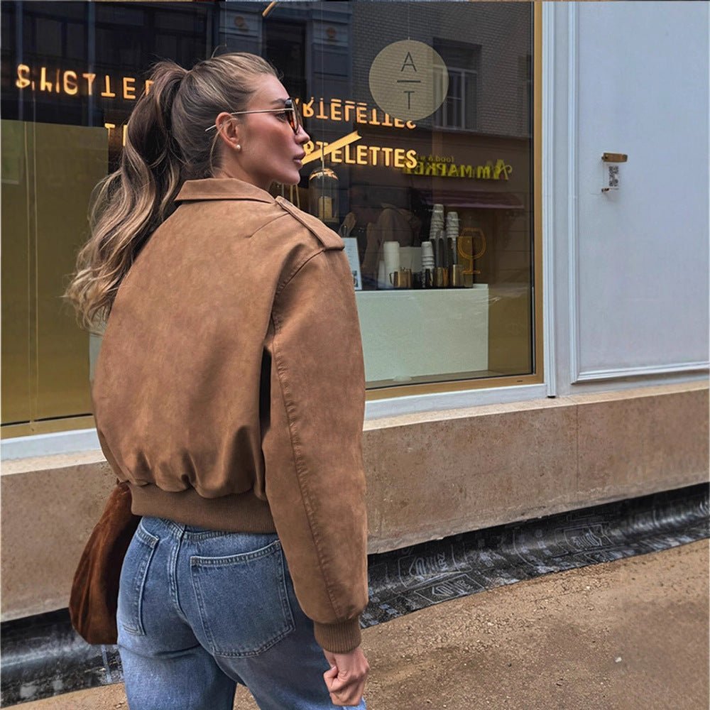 Women's short-cut bomber jacket made of faux suede with ribbed cuffs Chichicherry - Chichicherry