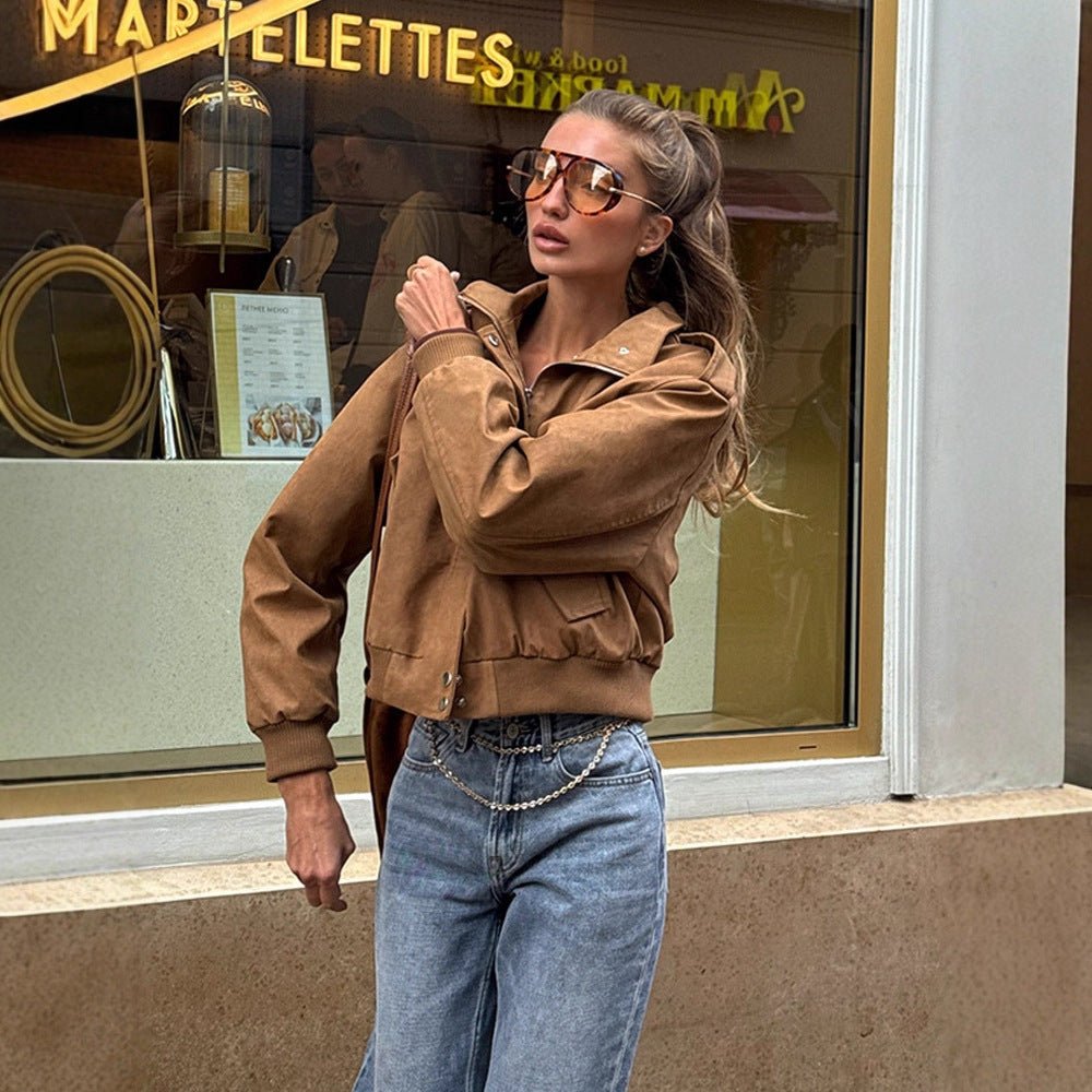 Women's short-cut bomber jacket made of faux suede with ribbed cuffs Chichicherry - Chichicherry