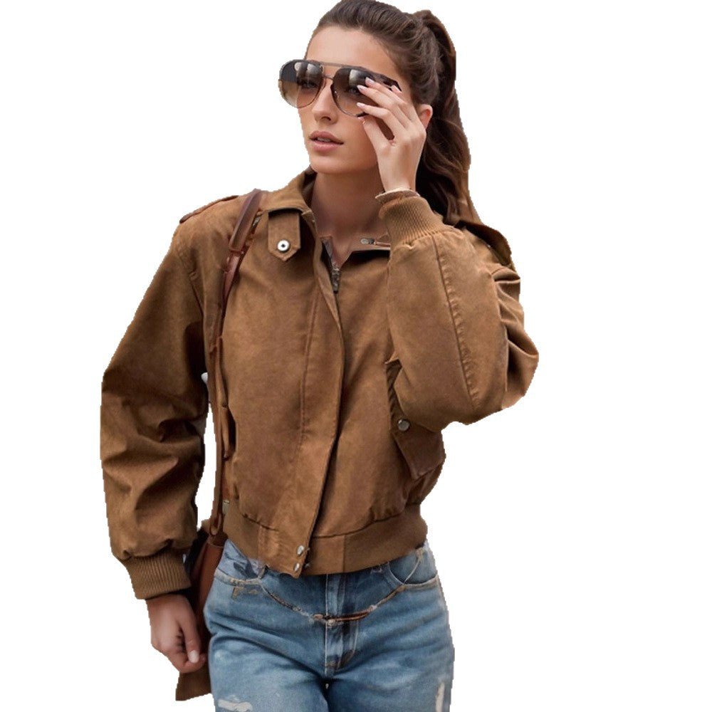 Women's short-cut bomber jacket made of faux suede with ribbed cuffs Chichicherry - Chichicherry