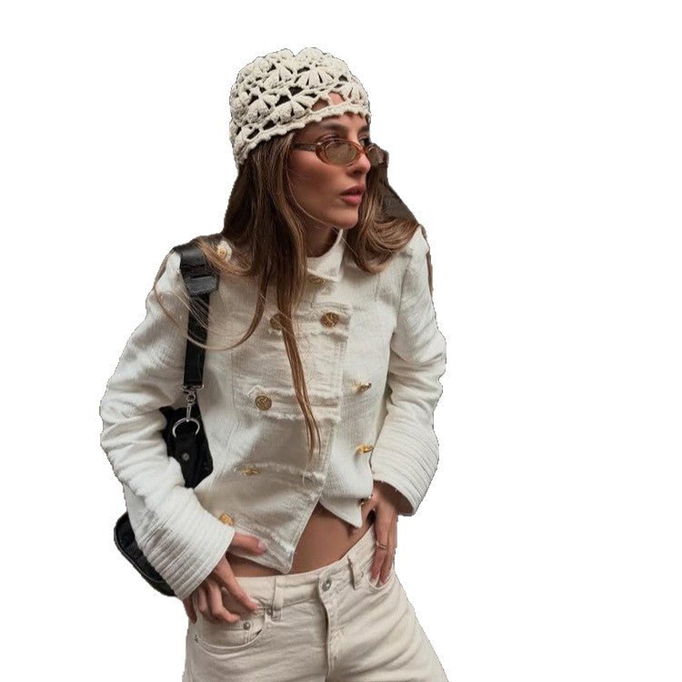 Women's Short Cut Boucle Blazer with Double-Breasted Gold Button Placket Chichicherry - Chichicherry