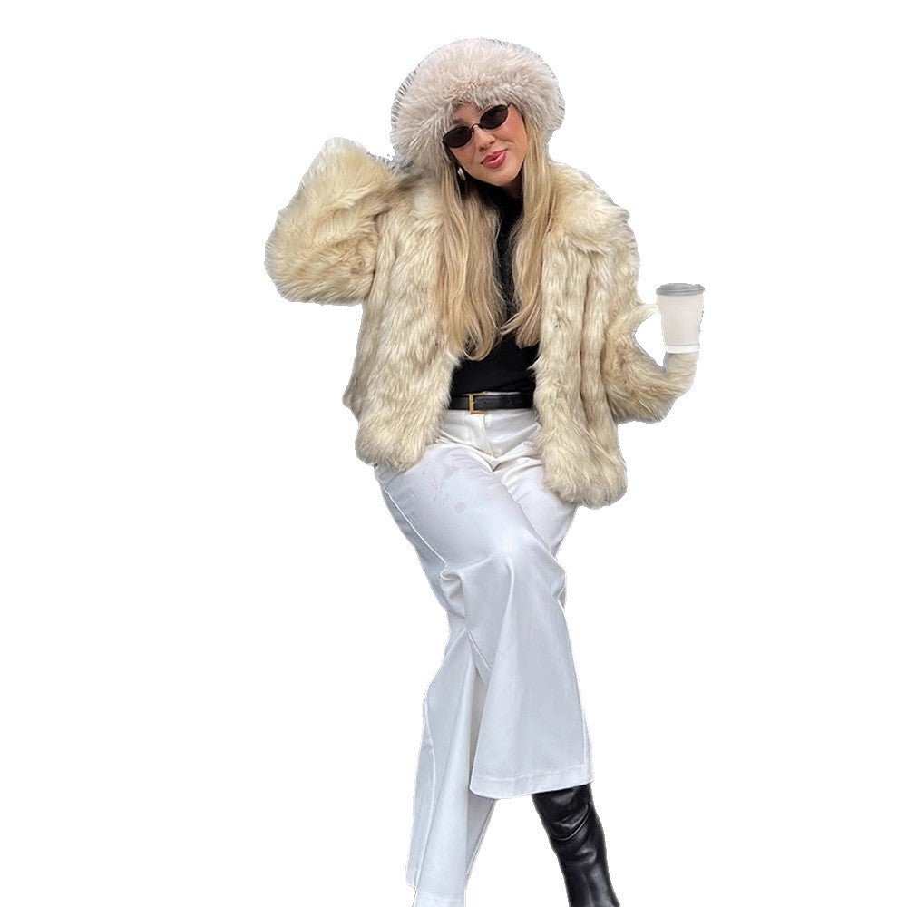 Women's Short Cut Boxy Faux Fur Coat with Long Pile Structure Chichicherry - Chichicherry
