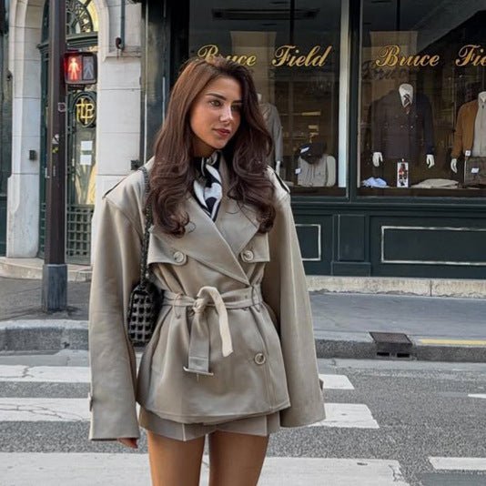 Women's Short-Cut Boxy Trench Coat with Ties and Epaulettes Chichicherry - Chichicherry