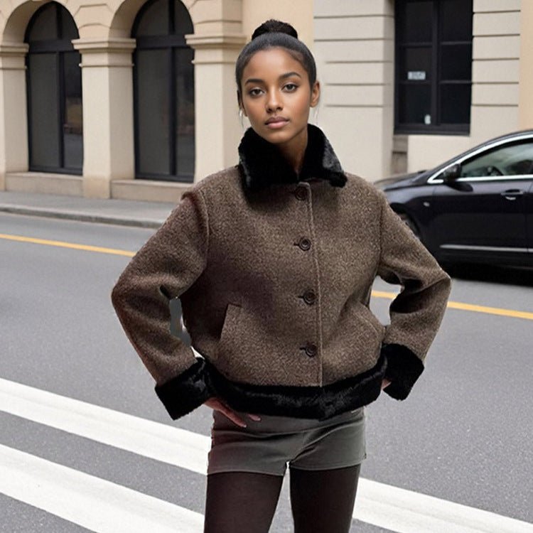 Women's Short Cut Boxy Wool Blend Coat with Contrast Faux Fur Trim Chichicherry - Chichicherry