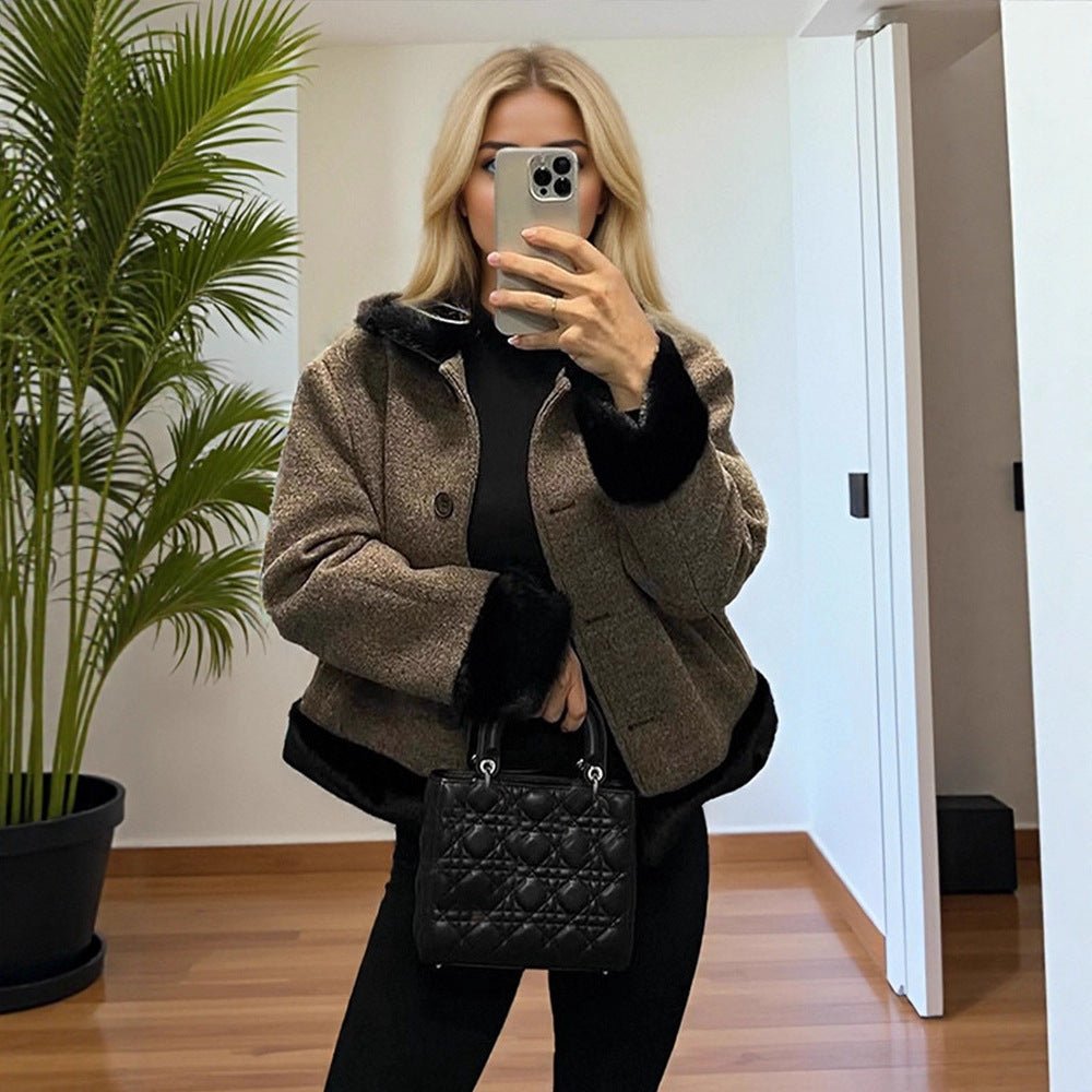 Women's Short Cut Boxy Wool Blend Coat with Contrast Faux Fur Trim Chichicherry - Chichicherry