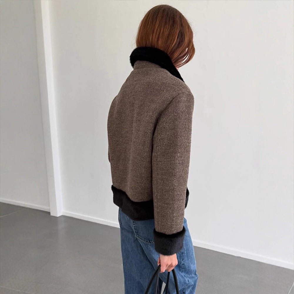 Women's Short Cut Boxy Wool Blend Coat with Contrast Faux Fur Trim Chichicherry - Chichicherry