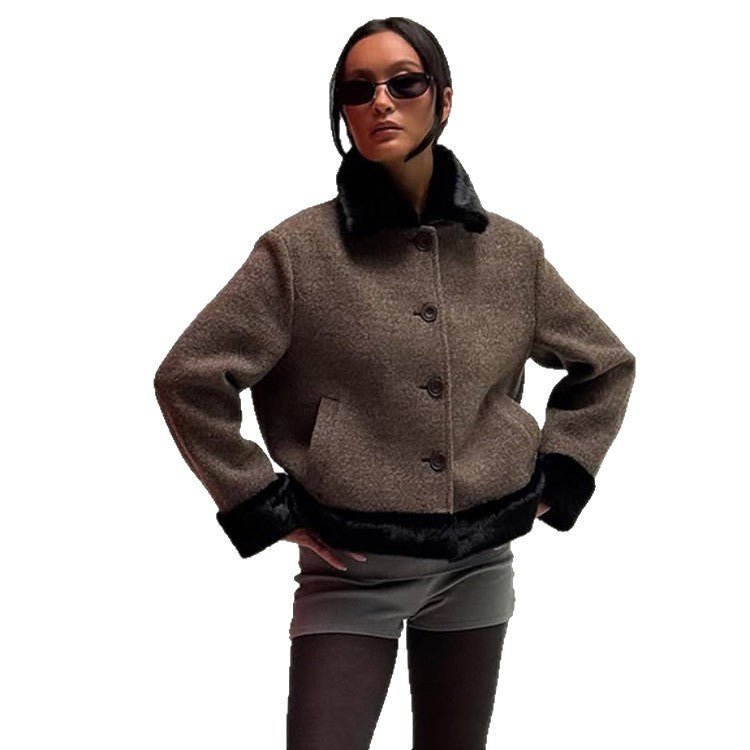 Women's Short Cut Boxy Wool Blend Coat with Contrast Faux Fur Trim Chichicherry - Chichicherry