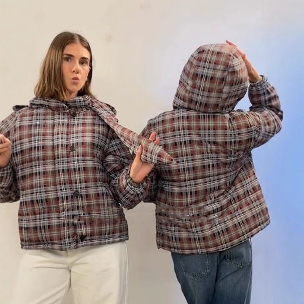 Women's short-cut checkered padded boxy quilted jacket with integrated hood and tie scarf Chichicherry - Chichicherry