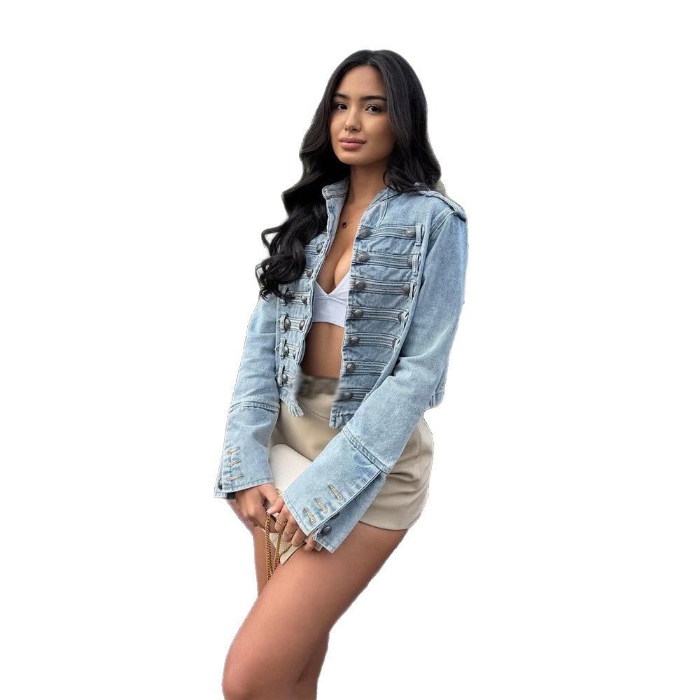 Women's short-cut denim jacket in military-inspired style with decorative button plackets Chichicherry - Chichicherry