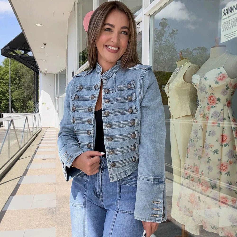 Women's short-cut denim jacket in military-inspired style with decorative button plackets Chichicherry - Chichicherry