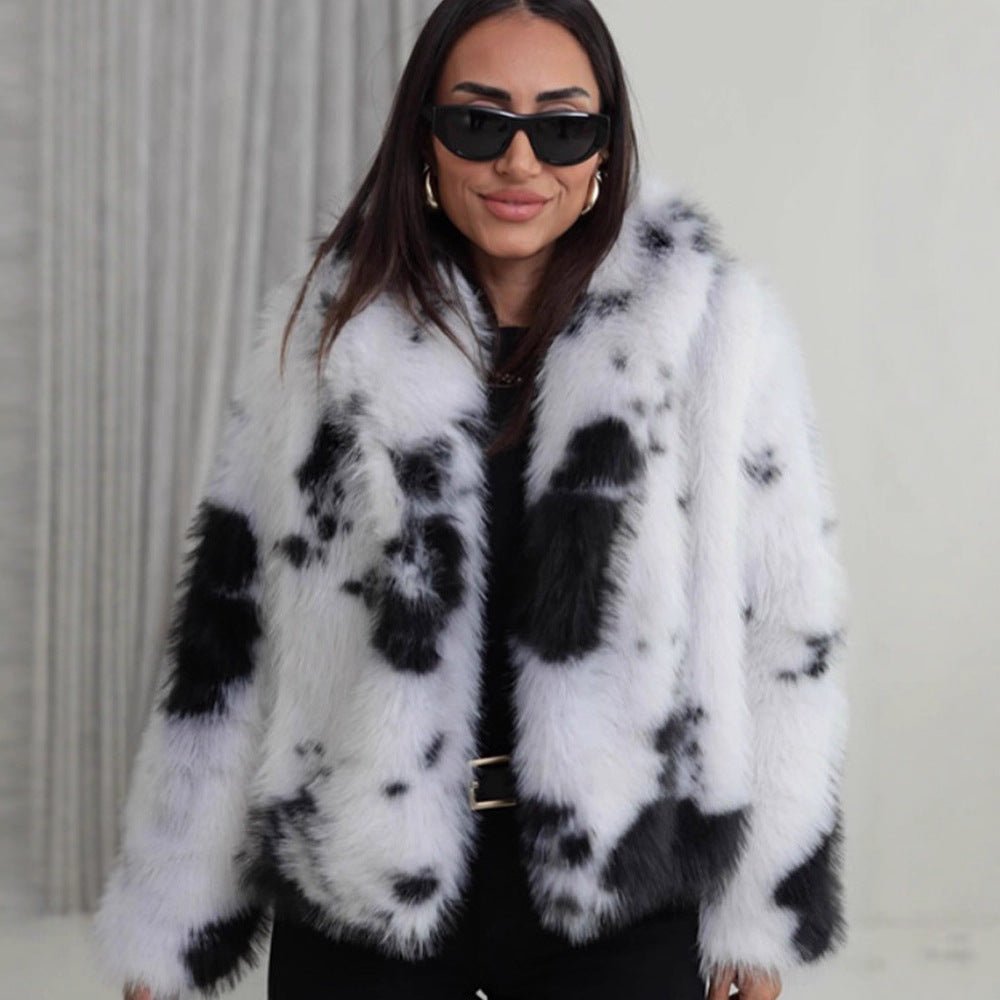 Women's Short Cut Faux Fur Bomber with Spot Pattern Chichicherry - Chichicherry
