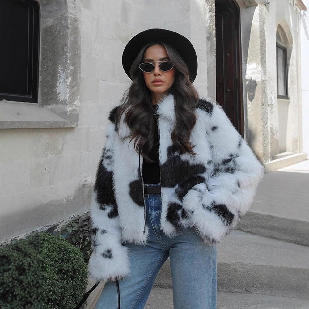 Women's Short Cut Faux Fur Bomber with Spot Pattern Chichicherry - Chichicherry
