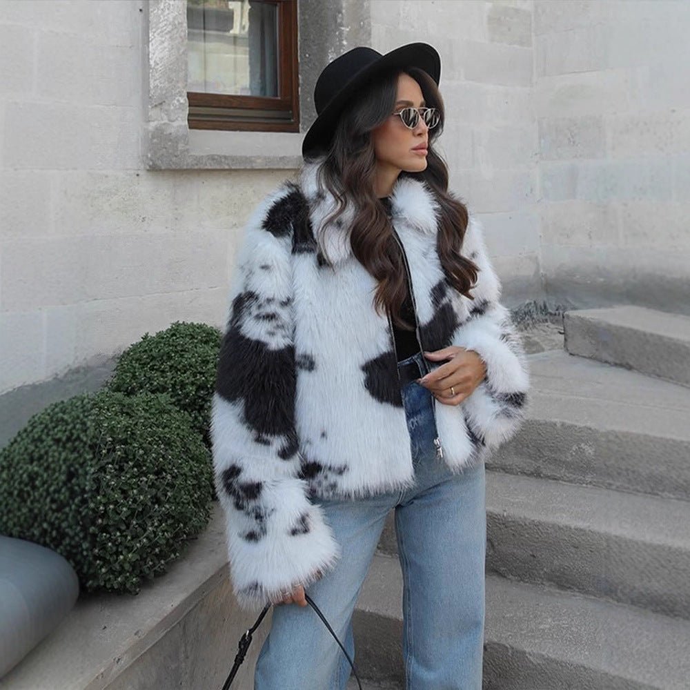 Women's Short Cut Faux Fur Bomber with Spot Pattern Chichicherry - Chichicherry
