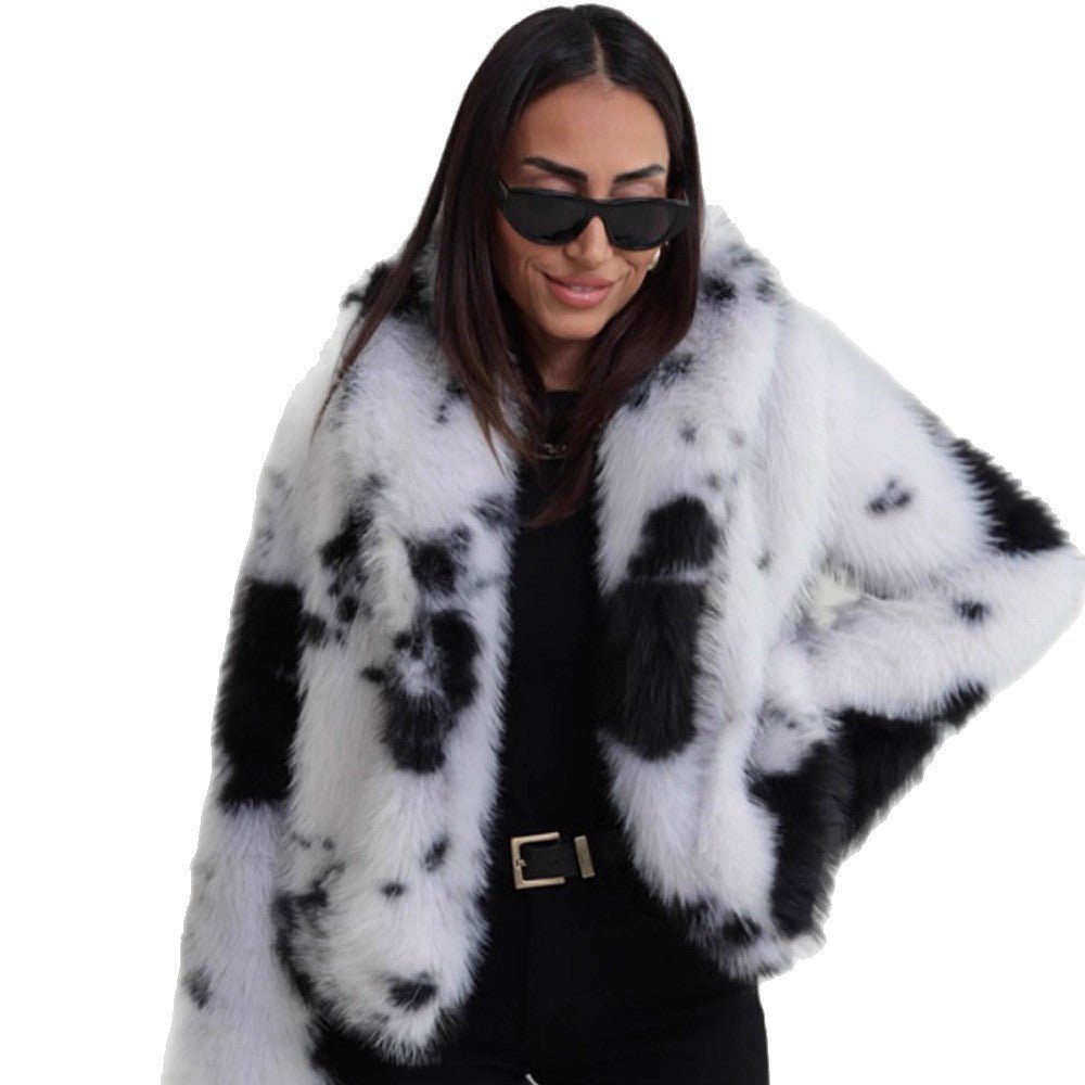 Women's Short Cut Faux Fur Bomber with Spot Pattern Chichicherry - Chichicherry