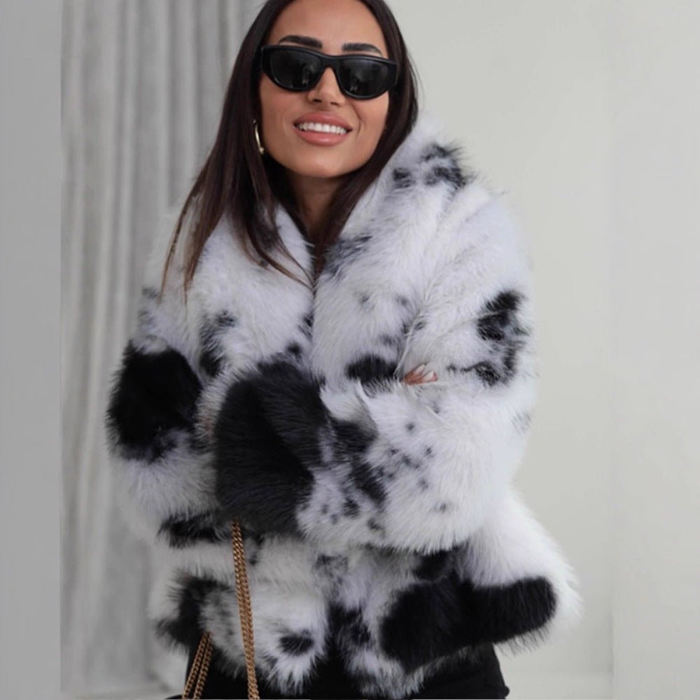 Women's Short Cut Faux Fur Bomber with Spot Pattern Chichicherry - Chichicherry