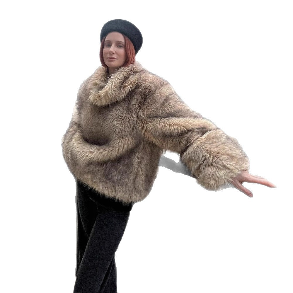 Women's Short Cut Faux-Fur Boxy Coat with Hood and Zip Chichicherry - Chichicherry
