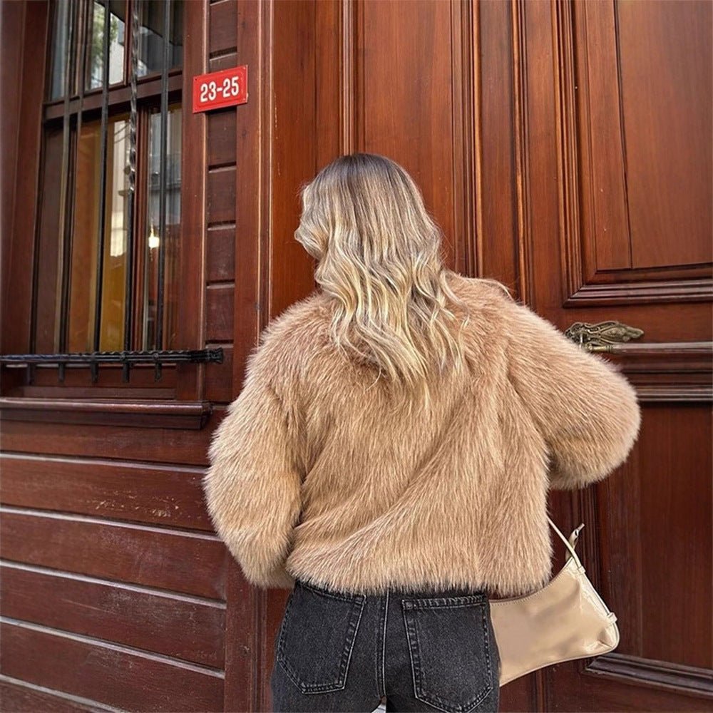 Women's Short Cut Faux Fur Coat with Decorative Ribbons and Boxy Silhouette Chichicherry - Chichicherry