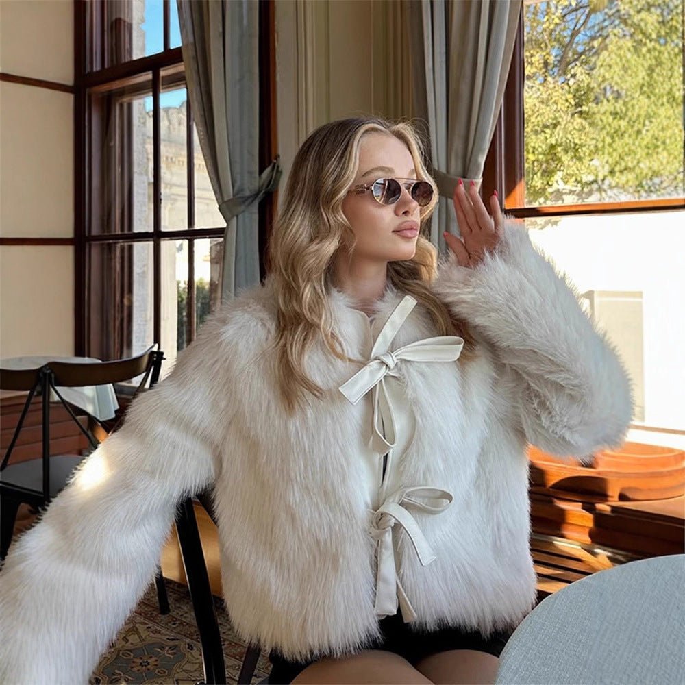 Women's Short Cut Faux Fur Coat with Decorative Ribbons and Boxy Silhouette Chichicherry - Chichicherry