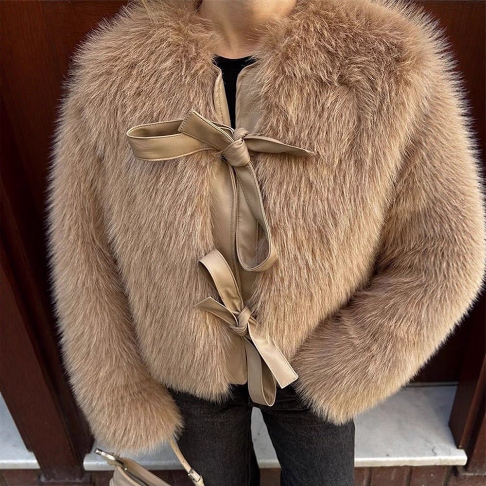 Women's Short Cut Faux Fur Coat with Decorative Ribbons and Boxy Silhouette Chichicherry - Chichicherry
