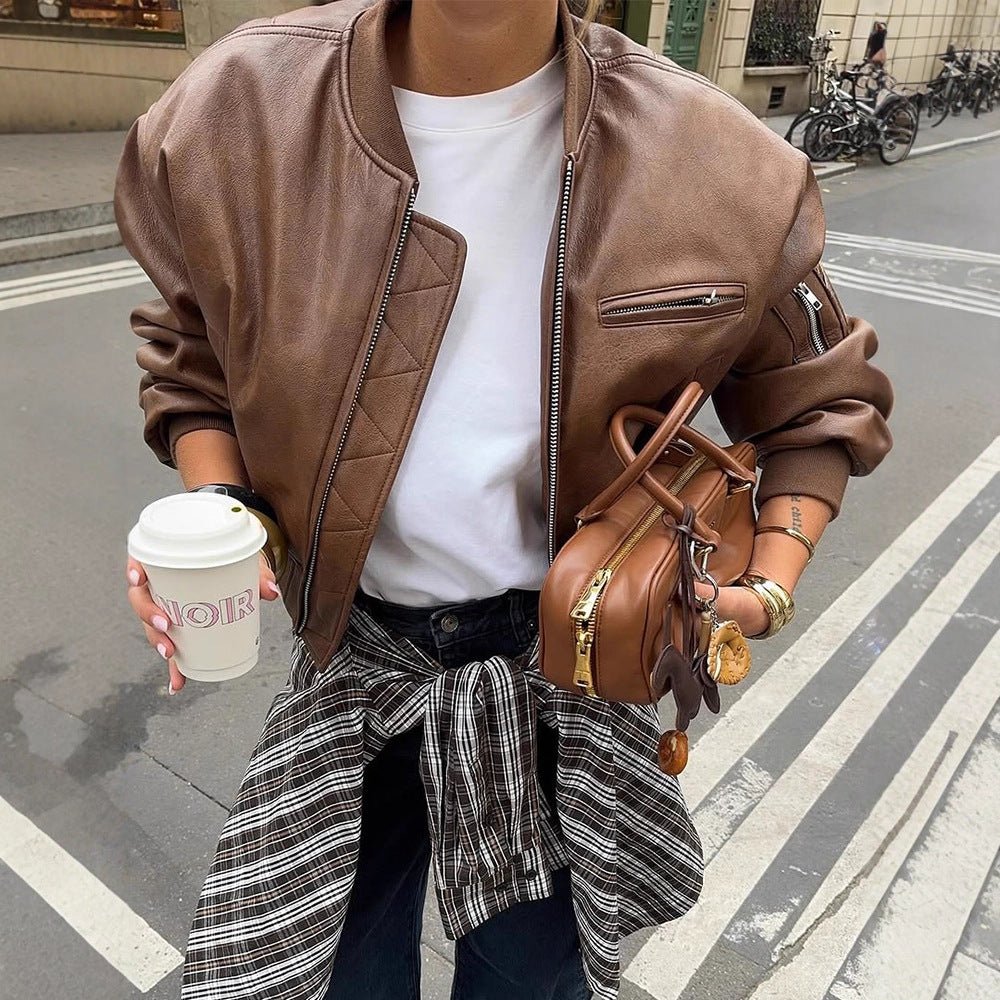 Women's Short Cut Faux Leather Bomber with Ribbed Collar, Zipper & Zip Chest Pocket Chichicherry - Chichicherry