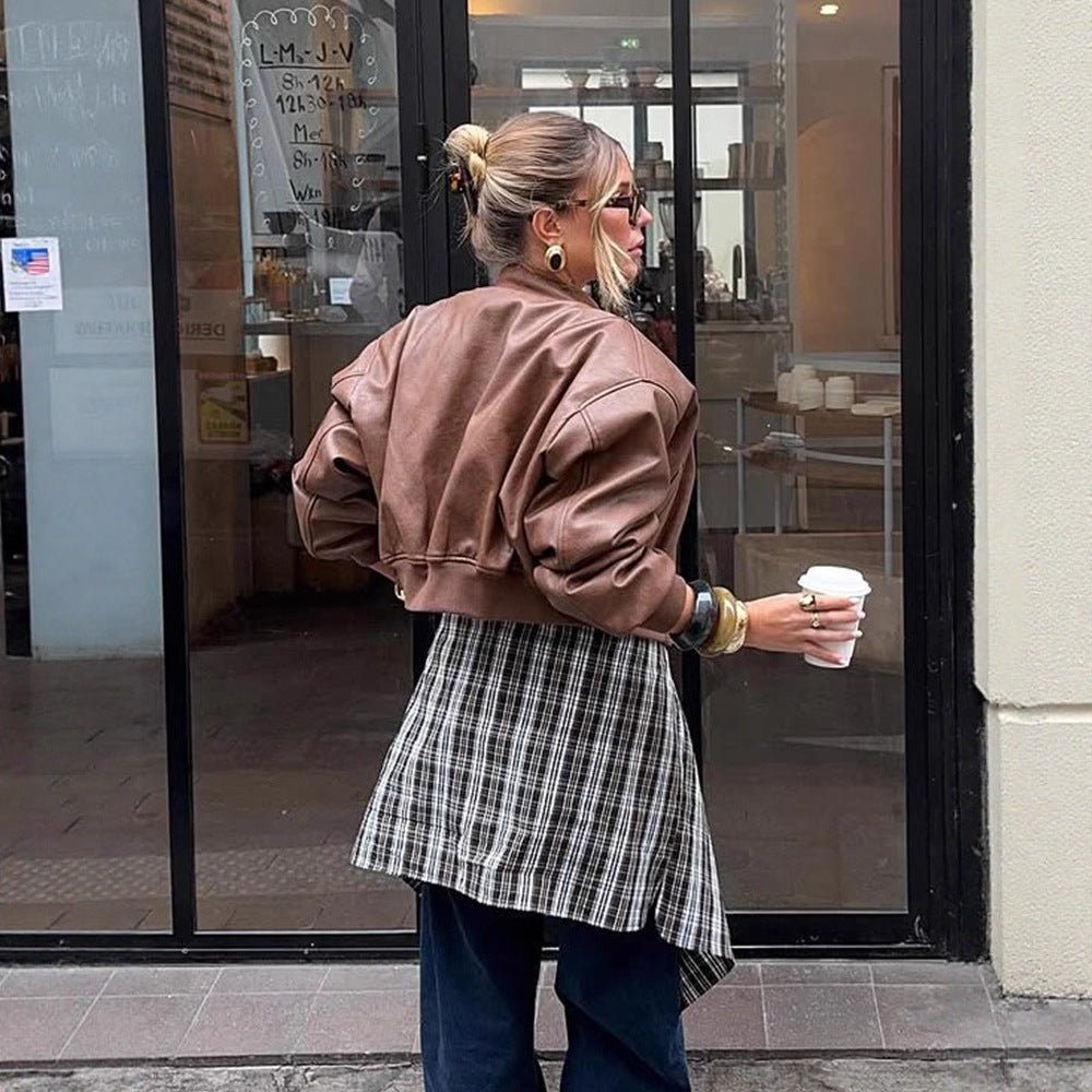 Women's Short Cut Faux Leather Bomber with Ribbed Collar, Zipper & Zip Chest Pocket Chichicherry - Chichicherry
