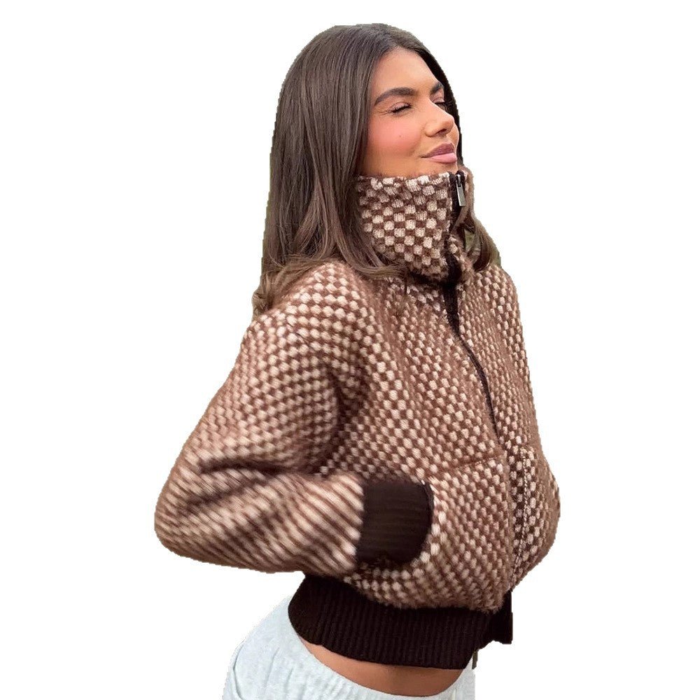 Women's Short-Cut Knit Zip Cardigan with Hood and Textured Pattern Chichicherry - Chichicherry