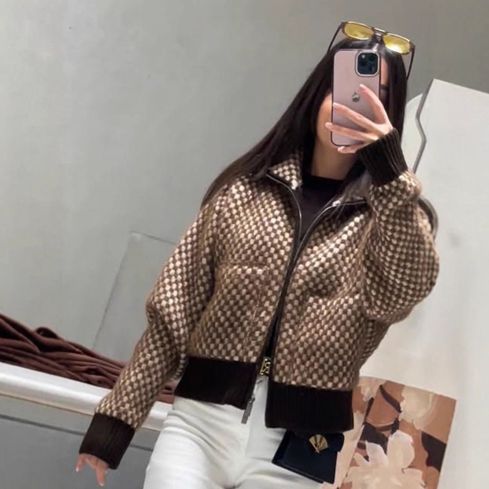 Women's Short-Cut Knit Zip Cardigan with Hood and Textured Pattern Chichicherry - Chichicherry