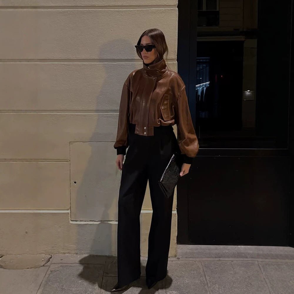 Women's short-cut leather blouse jacket with high stand-up collar and balloon sleeves Chichicherry - Chichicherry